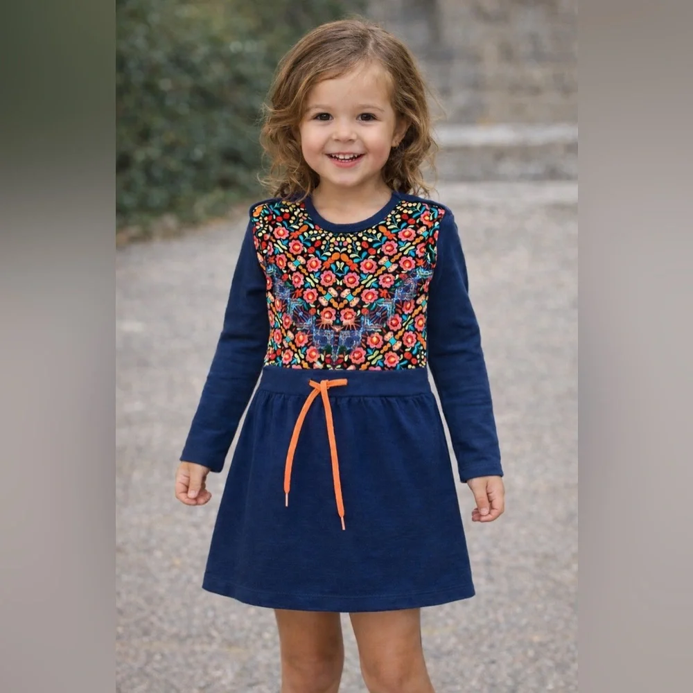 Mim-Pi Navy Girls Dress with Colorful Floral Print Long Sleeves Sz 4y NWT